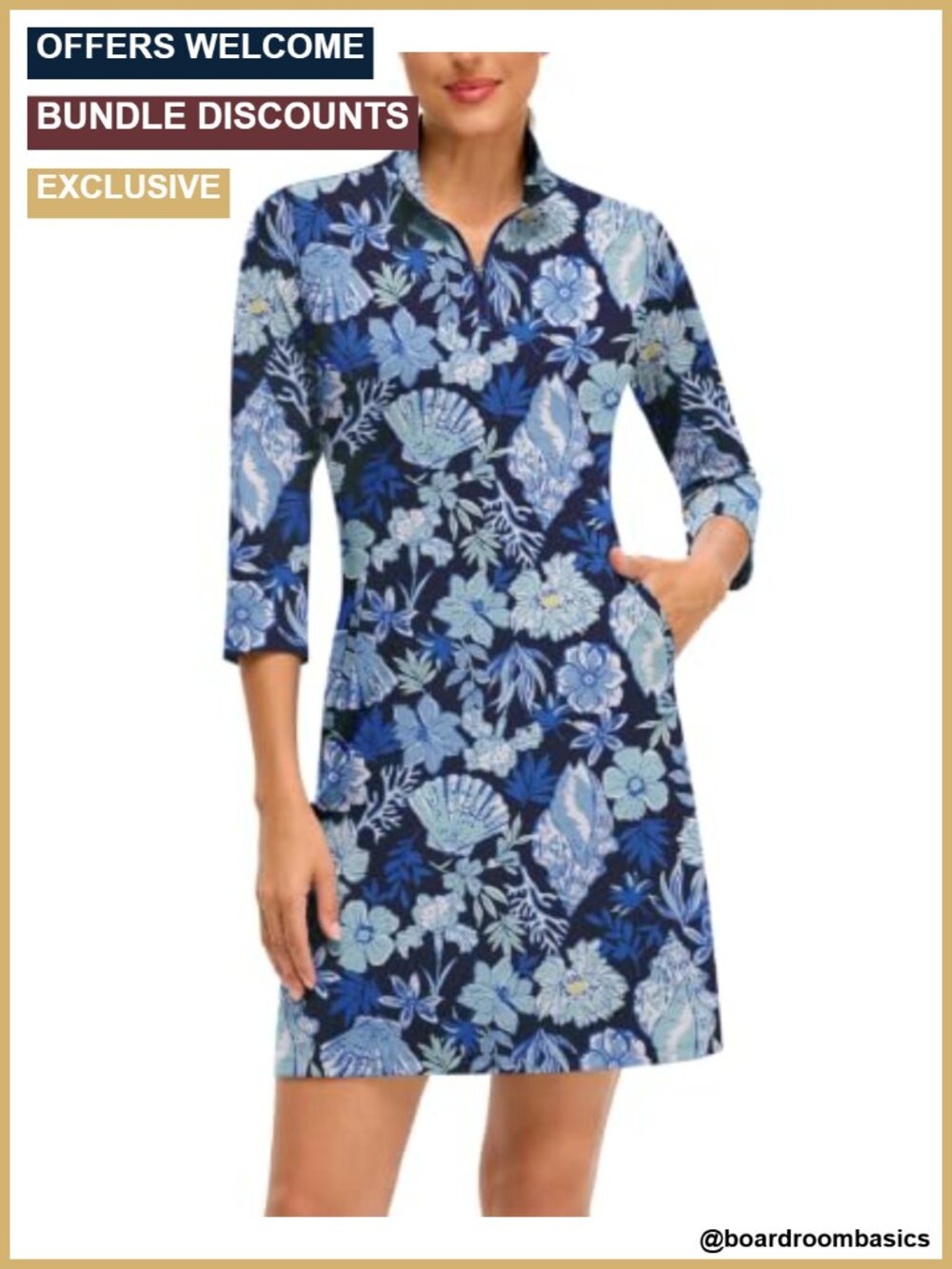 Women's Golf Tennis Dress 3/4 Sleeve 1/4 Zip with Shorts Pockets UPF 50+